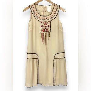 Anna Sui for Anthro Hiawatha Cream Embroidered Drop Waist Dress